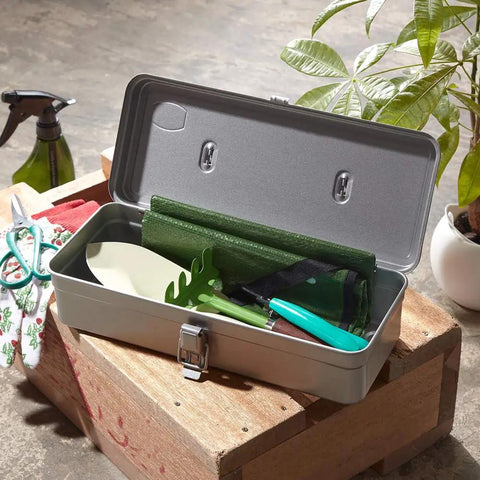 Open Blue Car Trunk Tool Box Compact Lockable Organizer for Tools and Gear Portable 12.6 x 5.4 x 3.8 Inch on wood box