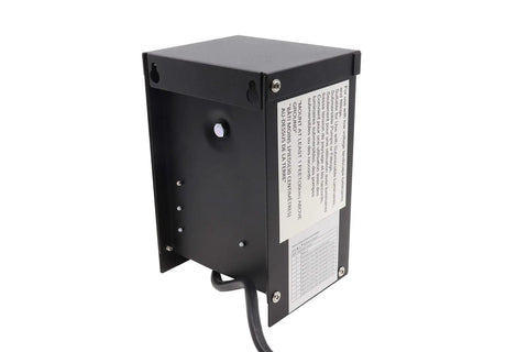 Low Voltage Outdoor Lighting Transformer With Photocell And Timer, 120W 12V Output, ETL Listed, black casing, rear view