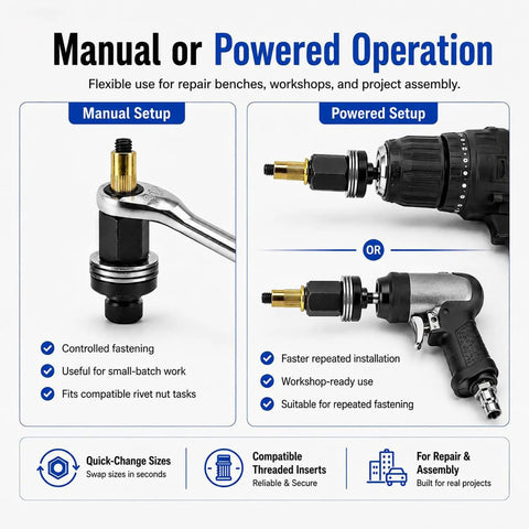 Pro Grade Heavy Duty Rivet Nut Tool Kit With Multi Size M3 To M12 Mandrel Set For Quick Fastening And Real Repairs, Carbon Steel Build, Includes Common Metric Rivnuts And Mandrels For Auto, Bike, And Metalworking Projects. Manual or powered rivet nut tool setup for repair and assembly