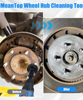Before and after using Wheel Hub Cleaning Tool Kit Pro Grade Heavy Duty Resurfacing Kit With 7 Pads for rust removal on hub.