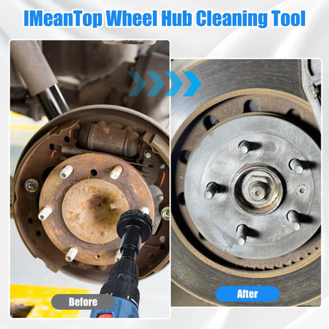 Before and after using Wheel Hub Cleaning Tool Kit Pro Grade Heavy Duty Resurfacing Kit With 7 Pads for rust removal on hub.