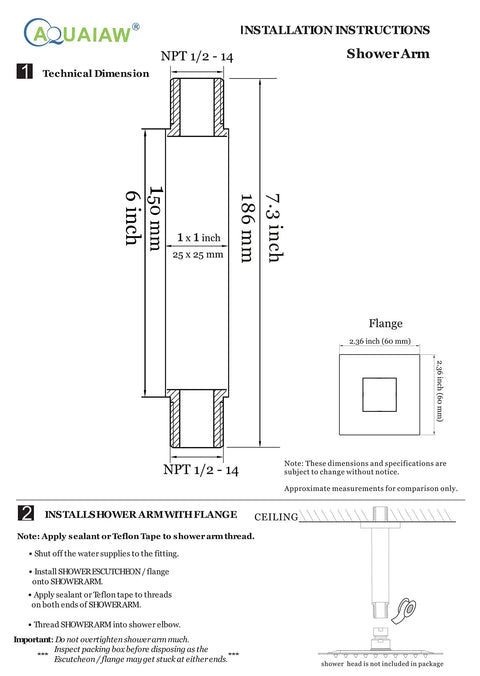 Square Shower Arm With Anti Scratch O Ring Flange 6 Inch Solid Brass Built To Last Ceiling Mount Extension Arm Matte Black Finish One Half NPT Tapered Threads Straight Shower Head Arm technical diagram and installation instructions
