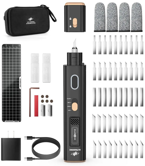 40kHz Ultrasonic Cutter Knife With OLED Display For Pro Grade Precision Cutting And Polishing In 3D Printing, Model Making, And DIY Projects, Four Modes, Stable Power, Works On Plastic, Resin, Wood, Leather, Includes 50 Replacement Blades. kit with case, charger, mat, and blades
