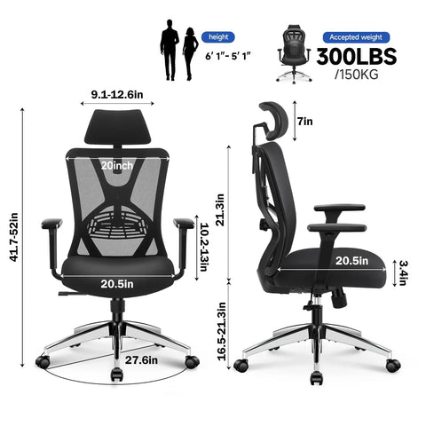 Ergonomic Mesh Office Chair With High Back, Adjustable Lumbar Support, Headrest And 3D Armrests, dimensions guide