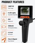1920P HD Borescope With Grabber Endoscope Camera And 2.8 Inch Screen, 20.8 Inch Flexible Snake Cam For Pipes And Drains, Automotive Repair, And Hard To Reach Areas, IP67 Waterproof Inspection Tool handheld view with 4.3-inch IPS screen