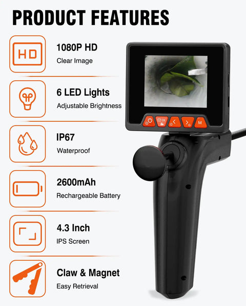 1920P HD Borescope With Grabber Endoscope Camera And 2.8 Inch Screen, 20.8 Inch Flexible Snake Cam For Pipes And Drains, Automotive Repair, And Hard To Reach Areas, IP67 Waterproof Inspection Tool handheld view with 4.3-inch IPS screen