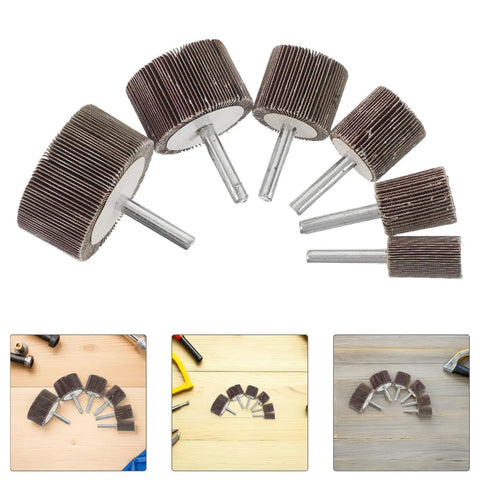 Super Cool 12 Piece Cylindrical Flap Wheel Set For Metal Die Grinding And Polishing Tasks With Sturdy Shank And Smooth Operation To Buff Your Projects Like A Pro Today, five cylindrical flap wheels on a white background.