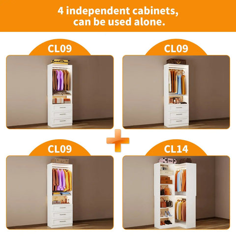 L Shaped Corner Closet System With Nine Roomy Drawers And Spacious Open Shelves Freestanding Modular Wardrobe Organizer loaded with heavy duty hanging rods.