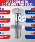 Front view of a metal bolt surrounded by blue and red banners detailing thread-lock features.