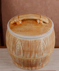 Handpainted Ceramic Rice Dispenser With Secure Airtight Lid, Heavy Duty Kiln Fired Grain Jar And All Purpose Kitchen Canister For Snacks Coffee Beans Candy, detailed top view showcasing wood grain design.