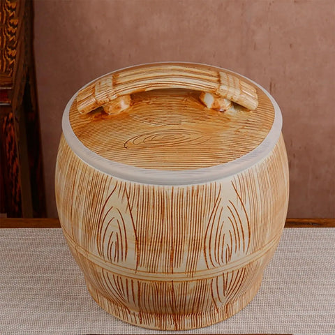 Handpainted Ceramic Rice Dispenser With Secure Airtight Lid, Heavy Duty Kiln Fired Grain Jar And All Purpose Kitchen Canister For Snacks Coffee Beans Candy, detailed top view showcasing wood grain design.