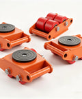 Four Piece Heavy Duty Machinery Skate Dolly With 360 Degree Rotation And PU Rollers For Moving Massive Industrial Equipment In Warehouse And Factory Settings, orange steel set
