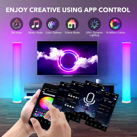2 Pack Corner LED Floor Lamp With App Control RGB Color Changing Lights set up with colorful display and app interface.