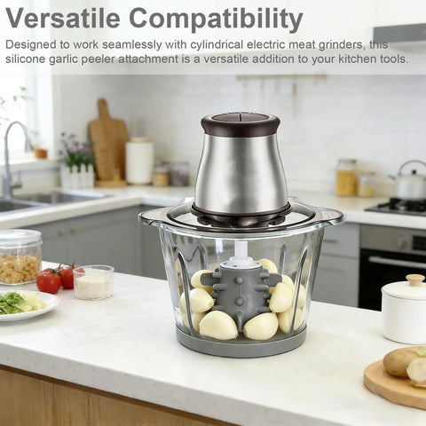 Garlic Peeler Attachment For Cylindrical Electric Meat Grinders, shown in a kitchen setting with peeled garlic