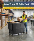 Real Deal 20 Cubic Foot Heavy Duty Trash Cube Truck With 1200 Pound Capacity, Black Rolling Laundry Cart and Construction Waste Hauler in use.