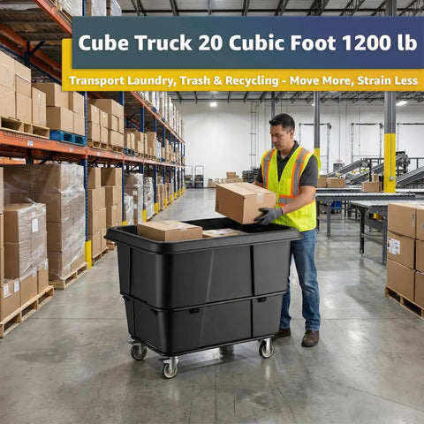 Real Deal 20 Cubic Foot Heavy Duty Trash Cube Truck With 1200 Pound Capacity, Black Rolling Laundry Cart and Construction Waste Hauler in use.