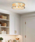 Rustic Farmhouse 3 Light Flush Mount Ceiling Light With Metal Cage Drum Shade, 17 Inch Open Geometric Design in kitchen