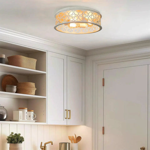 Rustic Farmhouse 3 Light Flush Mount Ceiling Light With Metal Cage Drum Shade, 17 Inch Open Geometric Design in kitchen