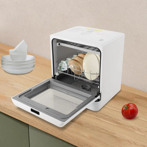 Heavy Duty Countertop Dishwasher With Four Smart Wash Cycles And Wide 360 Degree Rotating Spray And Super Roomy Mini Dishwasher, opened with dishes.