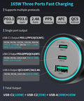 165W Road Trip Ready PD 3.1 Usb C Fast Car Charger with three ports for quick charging of devices.