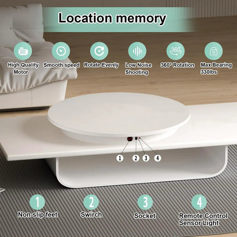 Huge 52cm Motorized Turntable For Product Photography Showcasing With Remote Control And Five Vibrant Backdrop Colors, white electric platform with control ports.