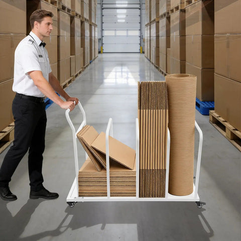 Heavy Duty Metal Carton Cart Stand With Swivel Wheels And Grip Handle Smooth Rolling White Steel Cardboard Box Holder For Warehouse with boxes