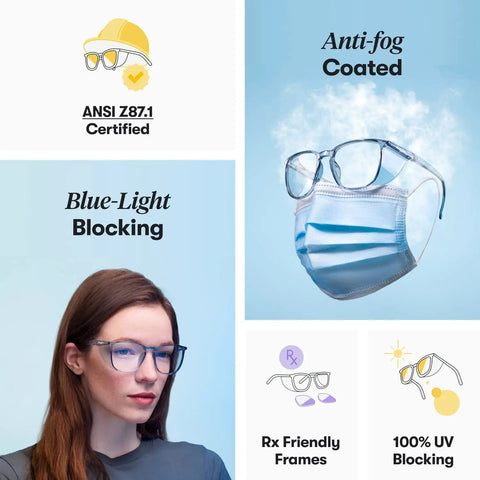 Z87.1 Certified Safety Glasses With Polycarbonate Lenses That Block Blue Light And UV, Scratch And Shatter Proof, Anti Fog Dip Coated.