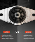 Comparison image showing rear suspension strut mount before and after; improved quality for Mazda 3/5, Volvo C30.