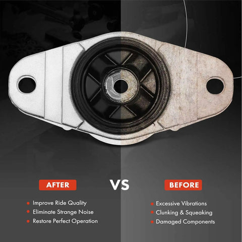 Comparison image showing rear suspension strut mount before and after; improved quality for Mazda 3/5, Volvo C30.
