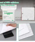 Front view of Amazon Cleanroom Wipes bag, white packaging, 9x9 in, 300 pcs, cellulose/polyester blend
