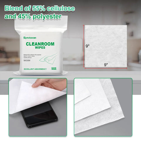 Front view of Amazon Cleanroom Wipes bag, white packaging, 9x9 in, 300 pcs, cellulose/polyester blend