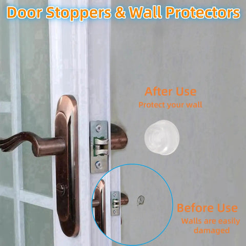 Clear Door Bumpers With Self Adhesive Backing For Wall Protection And Noise Reduction installed on wall near door handle.