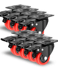Heavy Duty 2 Inch Polyurethane Caster Wheels With Brake 8 Pack Silent Swivel Furniture Casters showing red wheels and black steel plates.