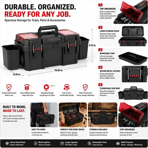 Heavy Duty 16 Inch Tool Box With Foldable Handle Durable Resin Tool Storage Organizer Reinforced Metal Latch Tabs Dual Translucent Lids Removable Tray Portable Chest For Home Garage Jobsite, showcasing compartments and features.