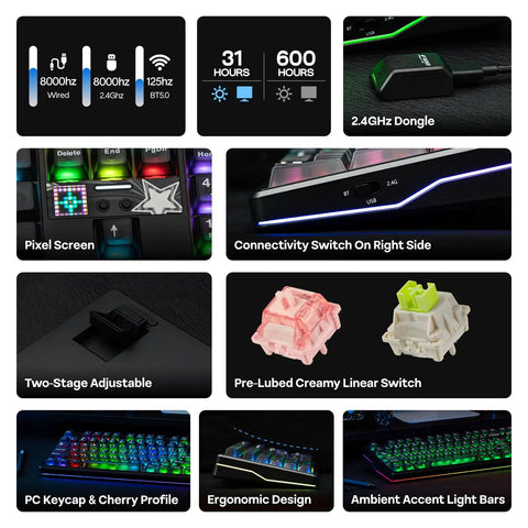 Full Size Wireless Gaming Keyboard With Massive 10000 Mah Battery And Smart Dot Matrix Display Rgb Backlit Mechanical Keys For Mac Pc Android Fly Through Spreadsheets In Dope Black Reaper Edition features switches, pixel screen, and connection options.