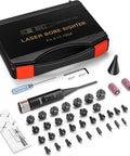 Pro Red Laser Bore Sight Kit with Button Switch 32 Adapters covering 0.17 HMR to 12 GA on display with tool case.