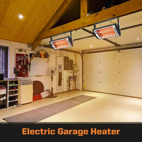 Indoor Electric Garage Heater With Ceiling Mount Radiant Quartz Heating 1500W Or 750W Work Light shown in garage setting