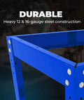 Close-up of blue Multi Purpose Shop Stand With Adjustable Height From 31 To 39 Inches Beefy 12 And 16 Gauge Steel Table frame corner