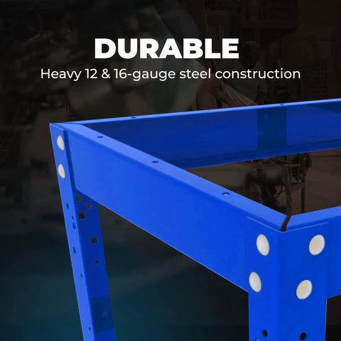 Close-up of blue Multi Purpose Shop Stand With Adjustable Height From 31 To 39 Inches Beefy 12 And 16 Gauge Steel Table frame corner