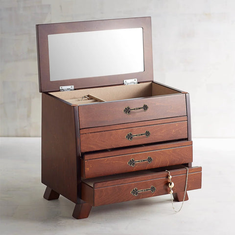 Jewelry box with Vintage Mini Drawer Pulls 20 Pack Bronze Zinc Alloy Antique Style Handles, ideal for dressers and wardrobes.