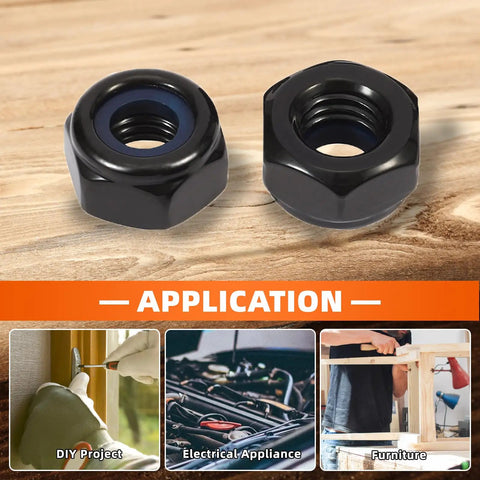 1/4-20 Nylon Insert Hex Lock Nuts 304 Stainless Steel 18-8 Black Oxide Finish 25-Piece Set on wood surface