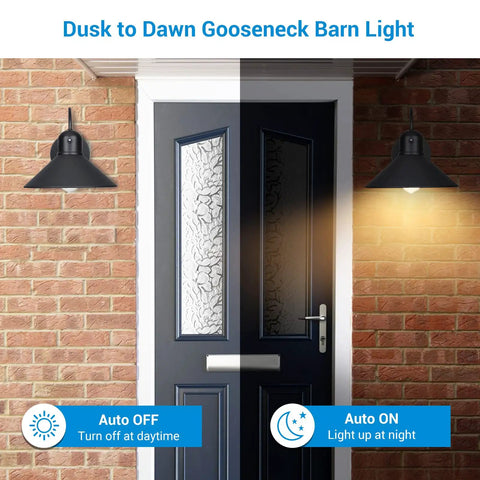 Dusk To Dawn Outdoor Wall Light With Gooseneck Barn Style Sconce illuminating entryway at night, off during the day.