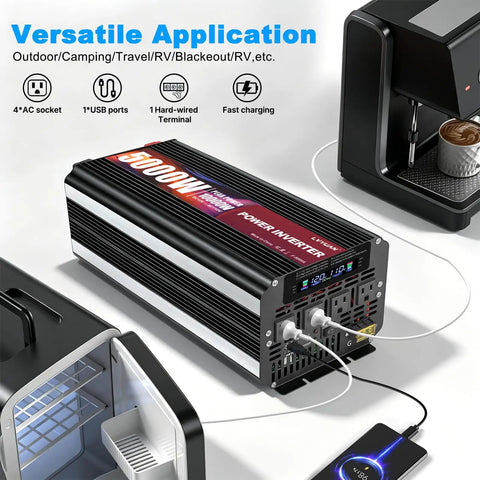 Beast Mode 5000 Watt Power Inverter With Four AC Outlets And Wireless Remote Converts 12v To 110v Or 120v delivering multiple charging options.