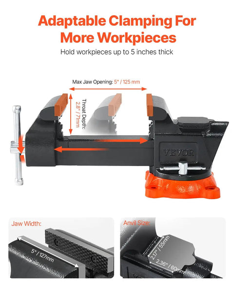 5 Inch Bench Vise With 360 Degree Swivel Locking Base And Anvil, ductile iron, jaw opening illustration, multipurpose workbench vise