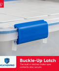 Close-up of latch on 16 Qt Weatherproof Storage Bins With Lids 3 Pack BPA-Free Plastic Gasket Boxes With Tight Seals