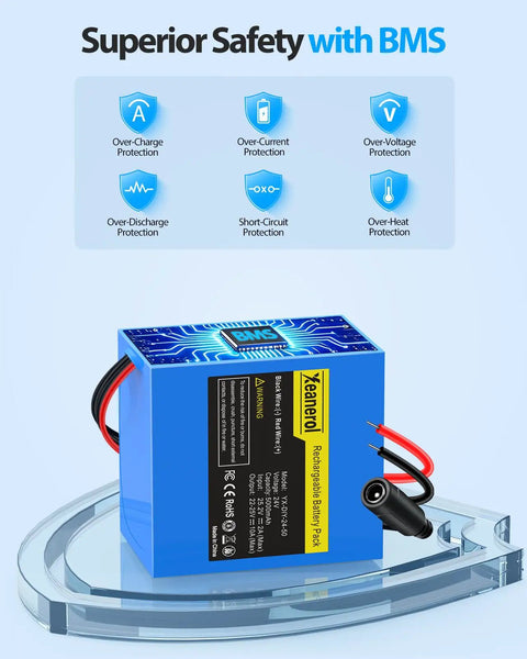 Plug And Play 24V 5Ah Li Ion Battery Pack With 2A Fast Charger, bare leads, and safety features for various 24V projects.