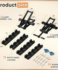 Heavy Duty Four Way Pressure Panel Clamps Deliver Boss Level Grip For No Sweat Setup On Any Woodworking Project Keeping Tabletop Seam Gluing Hella Secure Always 2 Pack diagram showing sizes and included parts.