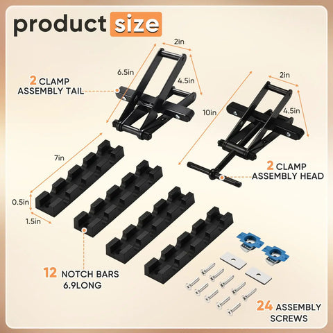 Heavy Duty Four Way Pressure Panel Clamps Deliver Boss Level Grip For No Sweat Setup On Any Woodworking Project Keeping Tabletop Seam Gluing Hella Secure Always 2 Pack diagram showing sizes and included parts.
