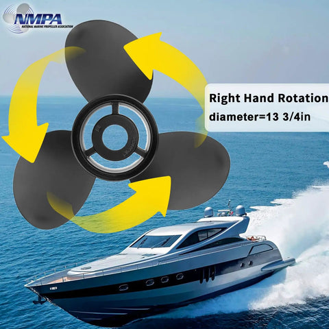 Aluminum Outboard Propeller Upgrade For Mercury 40HP To 125HP, 15 Spline, Right Hand Rotation, shown with boat
