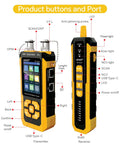 All In One Network Cable Tester With Optical Power Meter And VFL For Tech Pros, Nine Core Functions Like Cable Continuity, Length Measurement, POE Power Testing, Cable Scanning, Port Flashing, NVC Functionality And More. yellow handheld tester with transmitter and receiver buttons